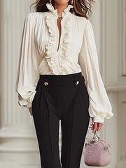Maeyira Chic Puff Sleeve Ruffle Blouse & Split Hem Pants Set