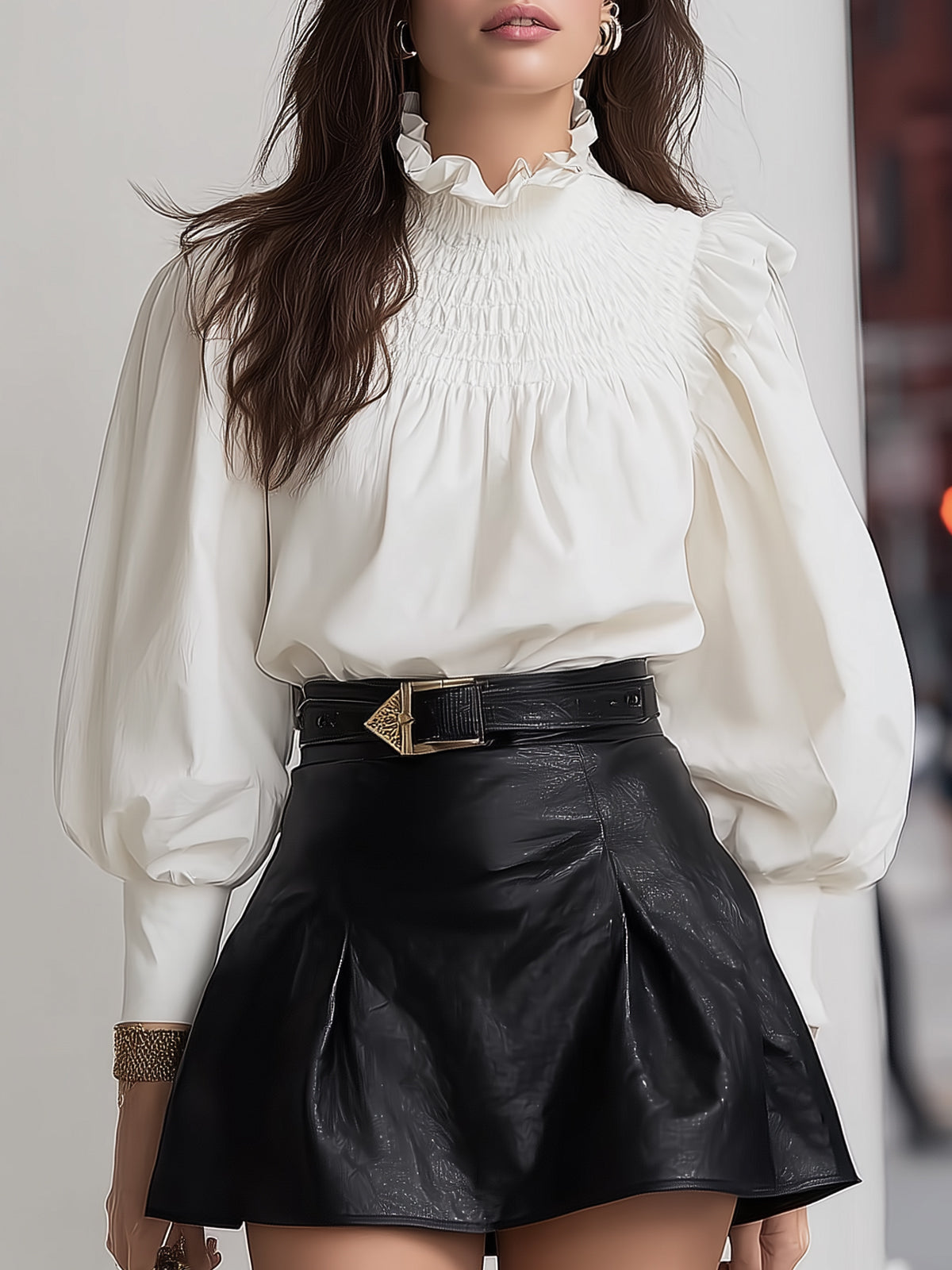 Maeyira Vintage White Shirt - Stand Collar & Pleated Puff Sleeves