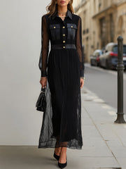 Maeyira Black Sheer Maxi Dress with Gold Buttons - Long Sleeve Collar
