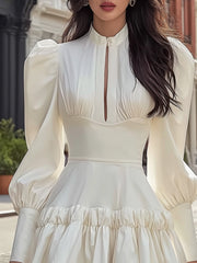 Maeyira Ivory Satin Mini Dress with Keyhole Neckline and Puff Sleeves