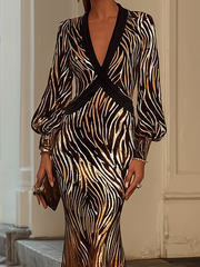 Maeyira Gold Zebra Print Maxi Dress Deep V-Neck Long Sleeve