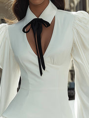 Maeyira White Mini Dress with Black Bow Collar - Puff Sleeve Ruffle Hem