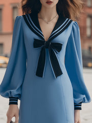 Maeyira Blue Sailor Collar Mini Dress with Navy Bow and Puff Sleeves