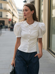 Maeyira White Peter Pan Collar Blouse - Elegant Puff Sleeve Fit