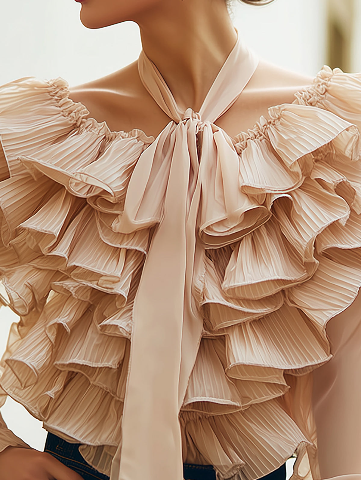 Maeyira Beige Ruffle Chiffon Blouse - Chic V-Neck Design