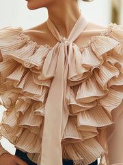Maeyira Beige Ruffle Chiffon Blouse - Chic V-Neck Design