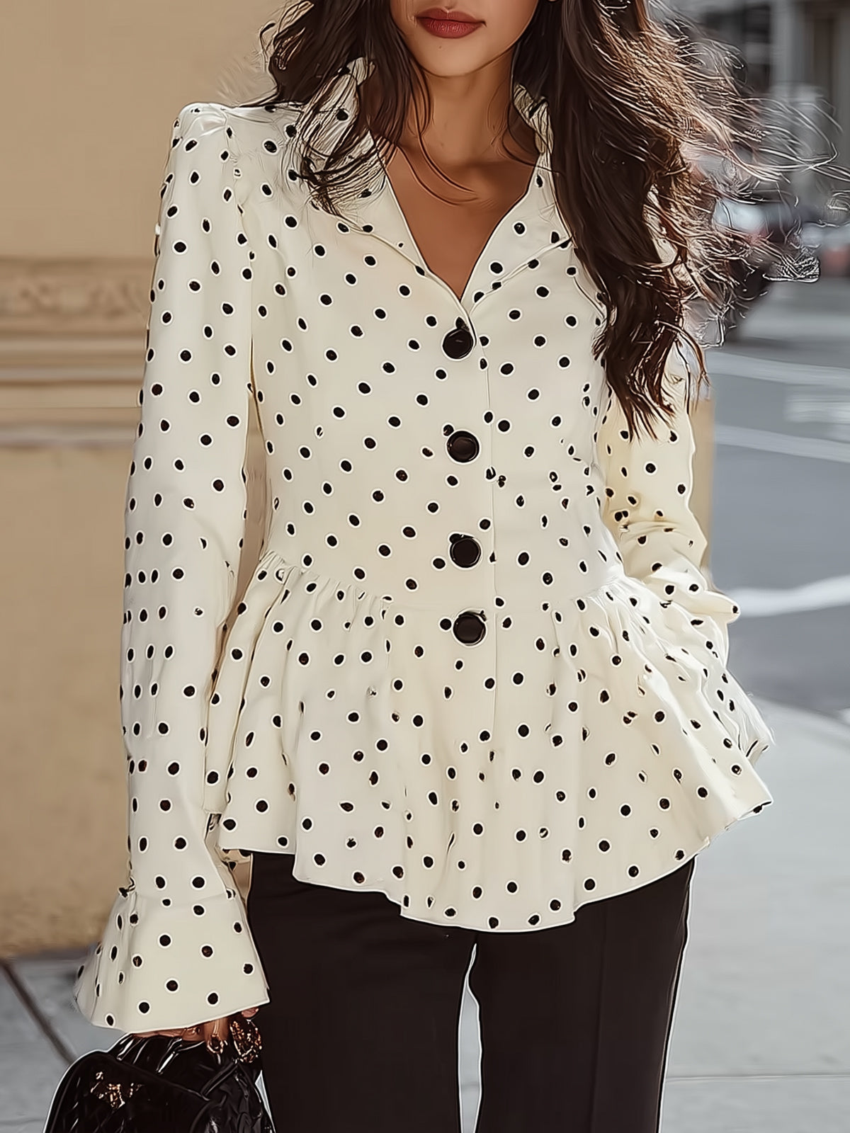 Maeyira French Vintage Polka Dot Top - Ruffled Hem & Fitted Waist