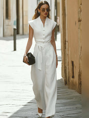 Maeyira Sleeveless Co-Ord Set - Elegant Self-Tie Belt & Slim Fit