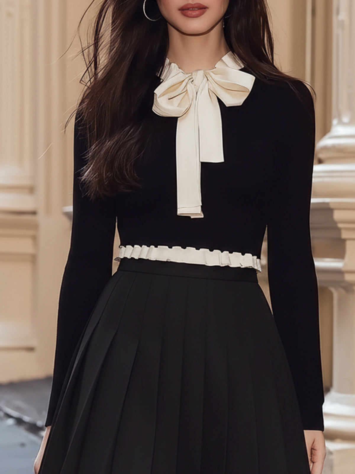 Maeyira Black Knit Top and White Bow Pleated Skirt Two Piece Set