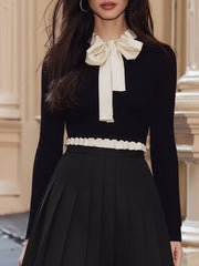 Maeyira Black Knit Top and White Bow Pleated Skirt Two Piece Set