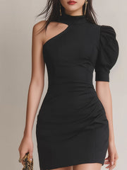 Maeyira Black Bodycon Mini Dress with One Shoulder and Puff Sleeve