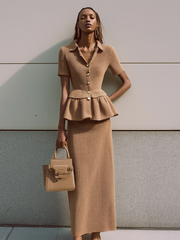 Maeyira Beige Textured Two Piece - Knit Button Top Midi Skirt