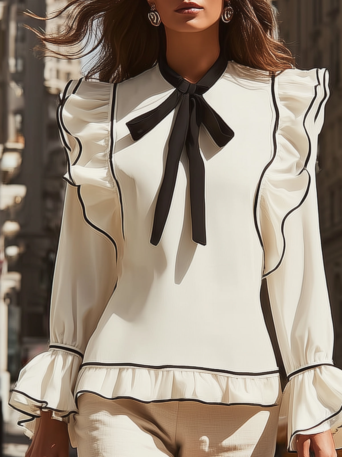 Maeyira Black & White Tie-Front Shirt - Ruffled Linen Shorts Set