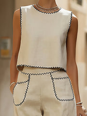 Maeyira Cream Wide Leg Pants Set with Functional Side Pockets