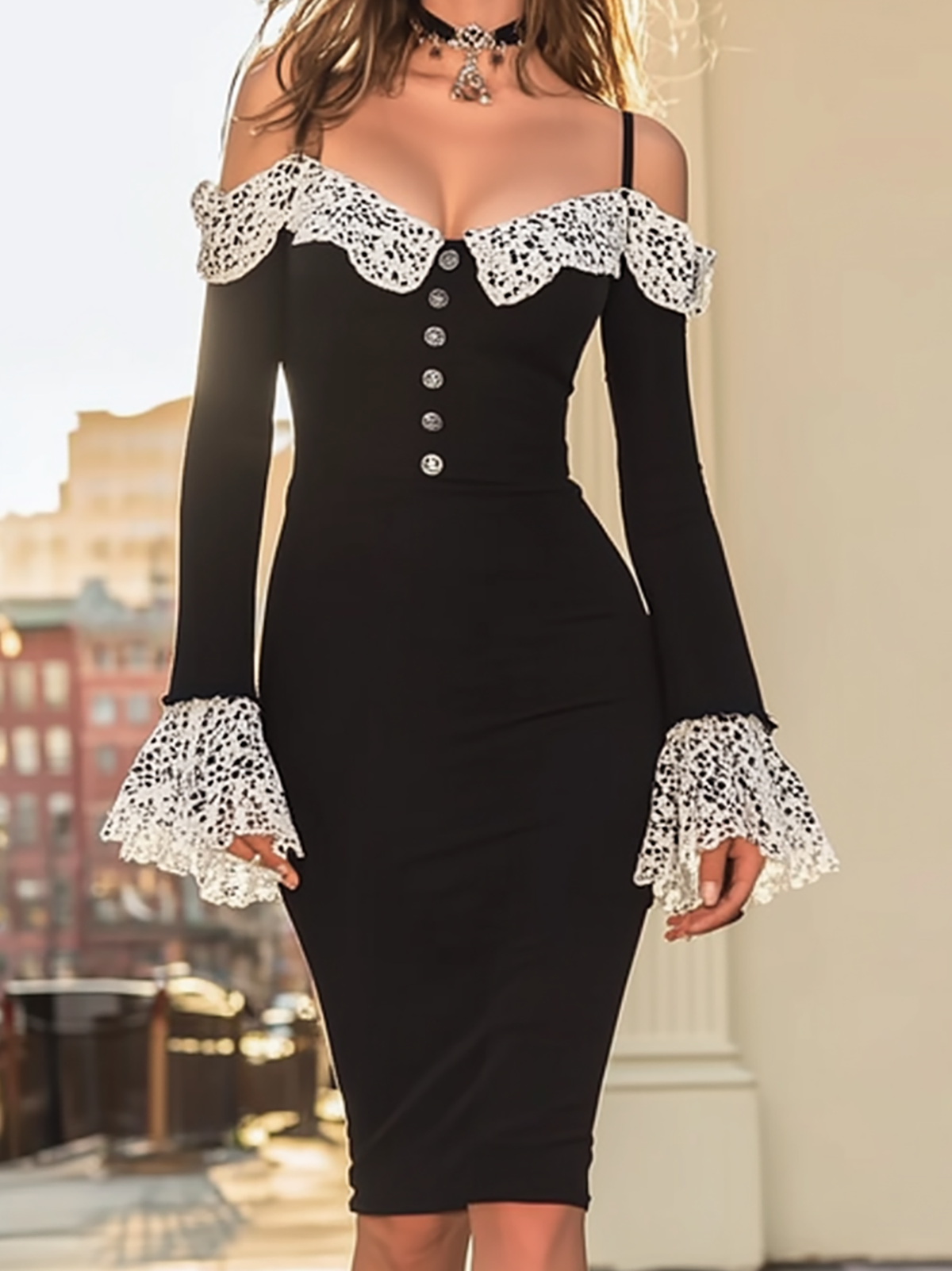 Maeyira Black Contrast Lace Off Shoulder Bodycon Midi Dress