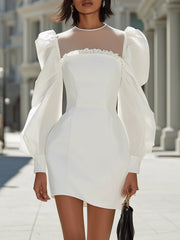 Maeyira White Mini Dress with Sheer Mesh Yoke - Puff Sleeve