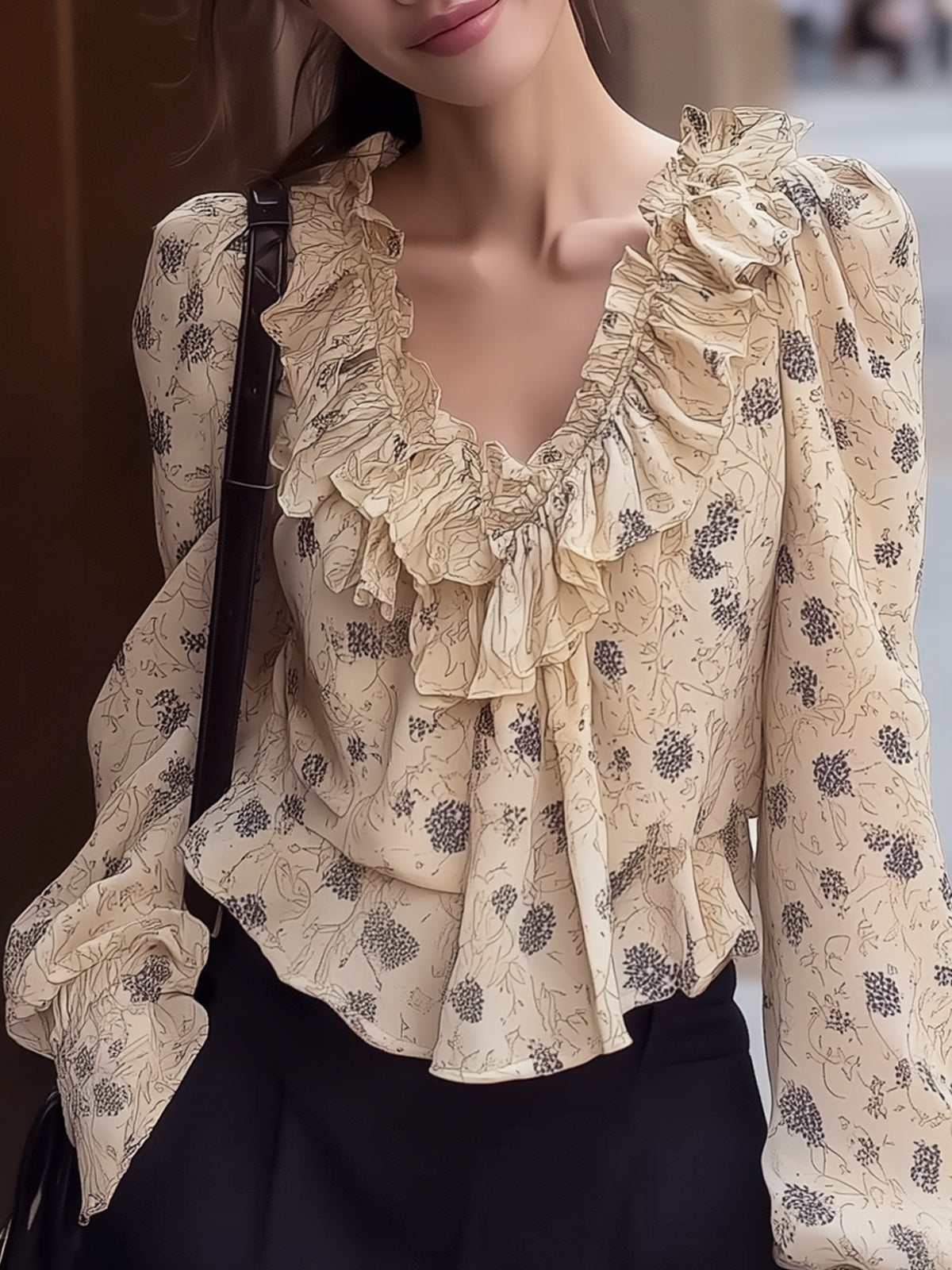 Maeyira V-Neck Floral Chiffon Blouse with Elegant Ruffle Details