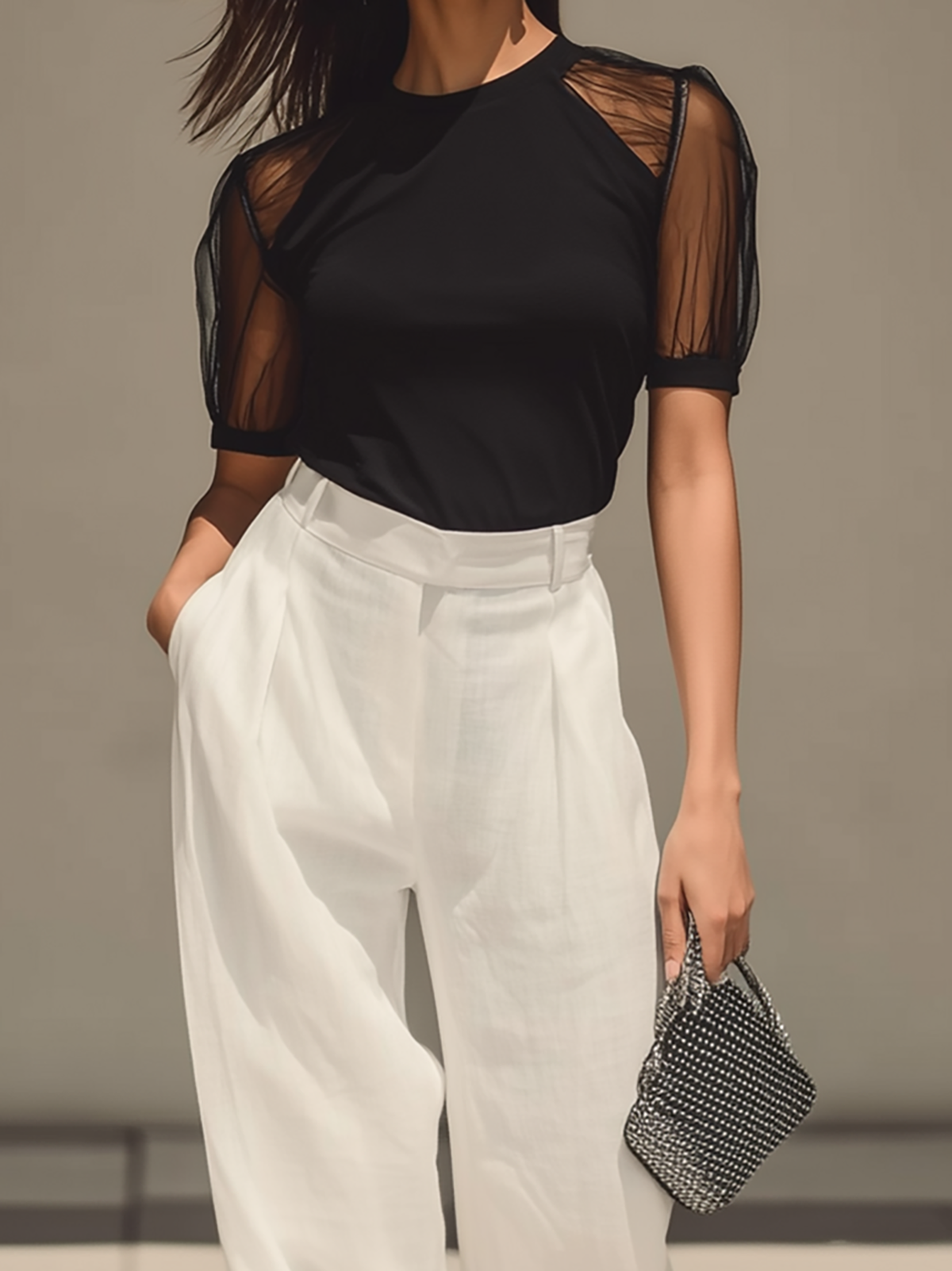 Maeyira Chic Contrast Sheer Sleeve Top & High-Waist Pants Set