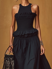 Maeyira Black Ruffle Maxi Dress Smocked Waist Sleeveless