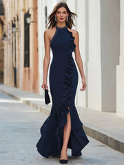 Maeyira Navy Blue Halter Maxi Dress Ruffle Trim High Slit