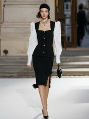 Maeyira Black White Contrast Set - Women's Puff Sleeve Top Midi Skirt