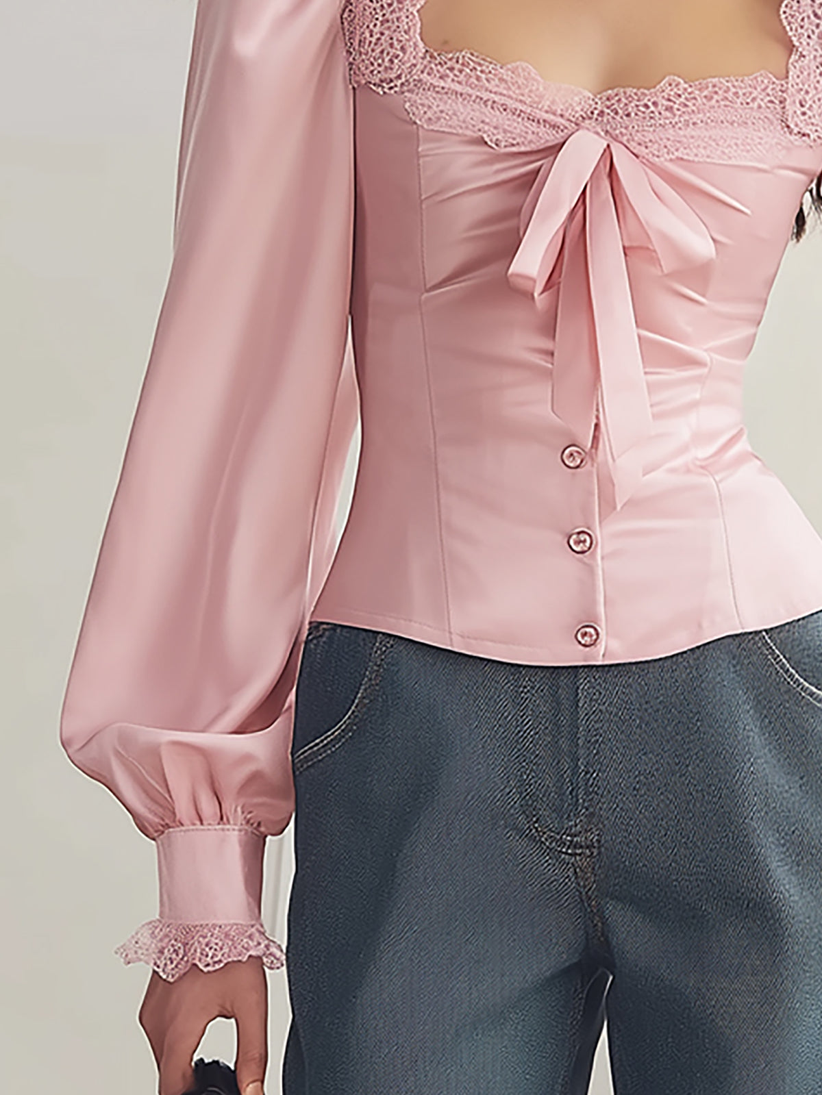 Maeyira Blush Satin Blouse with Elegant Lace Trim - V-Neck Style