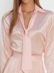 Maeyira Pink Satin Two Piece - Bow Tie Shirt Pleated Skirt