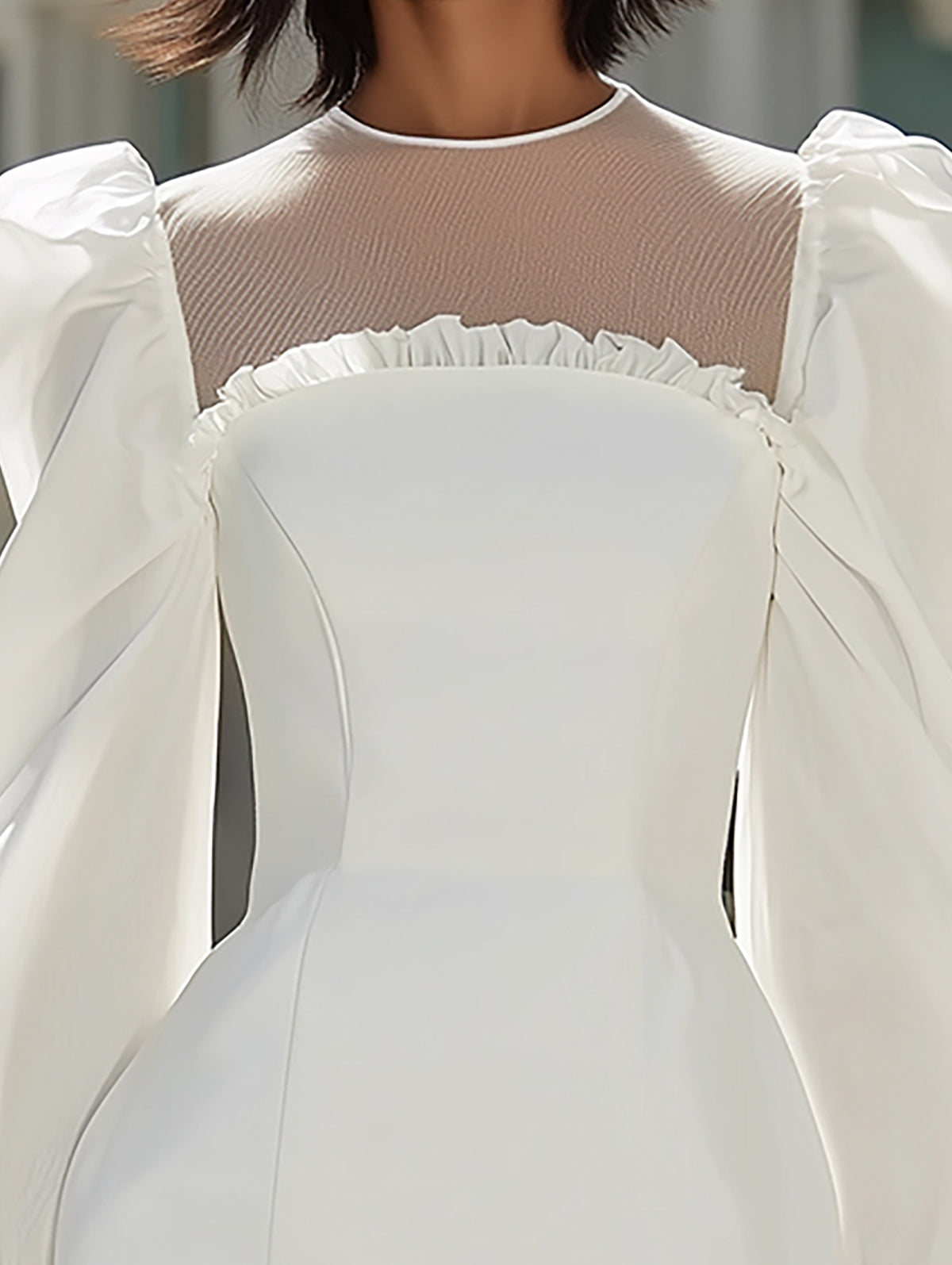 Maeyira White Mini Dress with Sheer Mesh Yoke - Puff Sleeve