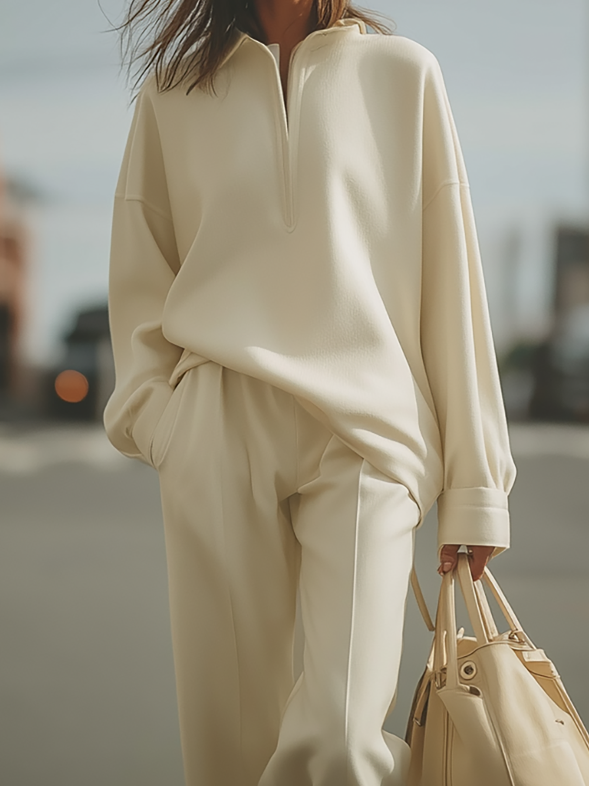 Maeyira Beige Half-Zip Oversized Top & Wide Leg Pants Set