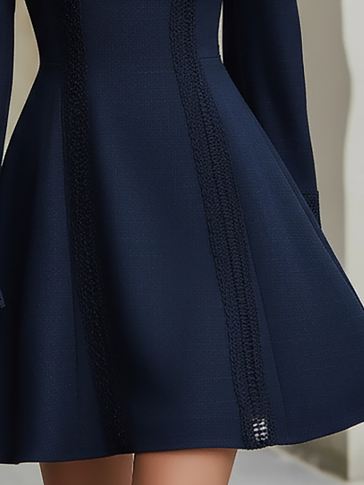 Maeyira Navy Blue Mini Dress with Lace Trim  Puff Sleeve