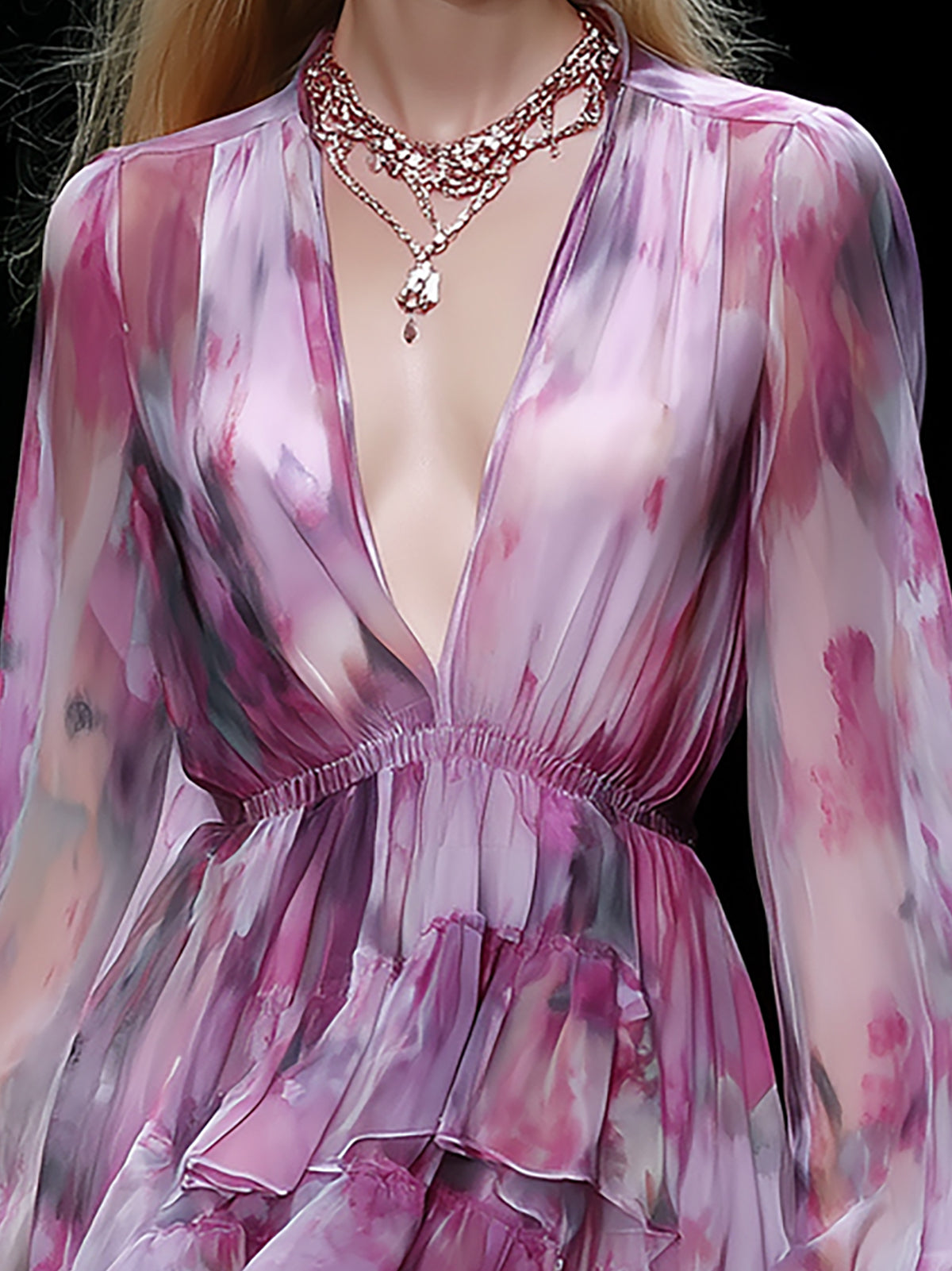 Maeyira Pink & Purple Chiffon Mini Dress V-Neck Layered Hem