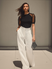 Maeyira Chic Contrast Sheer Sleeve Top & High-Waist Pants Set