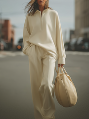Maeyira Beige Half-Zip Oversized Top & Wide Leg Pants Set