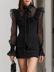 Maeyira Black Two Piece Sheer Sleeve Bow Blouse Mini Skirt Set 