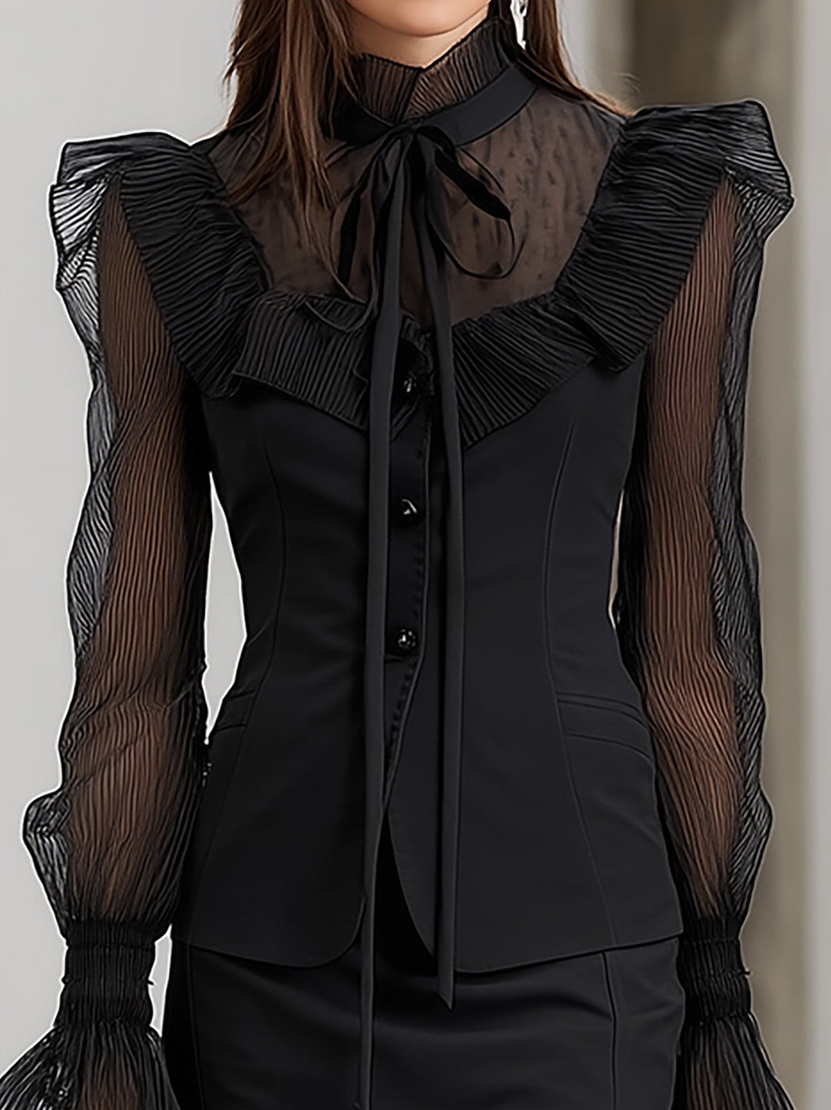 Maeyira Black Two Piece Sheer Sleeve Bow Blouse Mini Skirt Set 