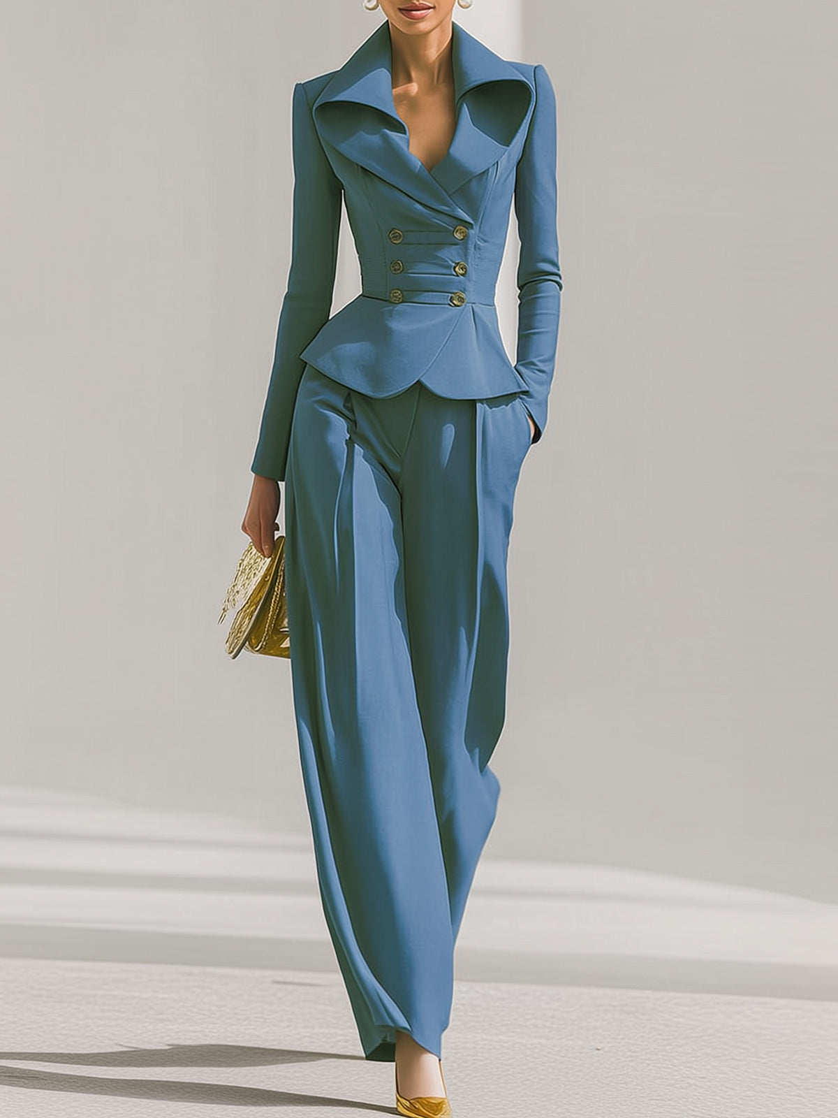 Maeyira Blue Two Piece Suit - Peplum Blazer and Wide Leg Pants Set 