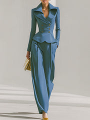 Maeyira Blue Two Piece Suit - Peplum Blazer and Wide Leg Pants Set 