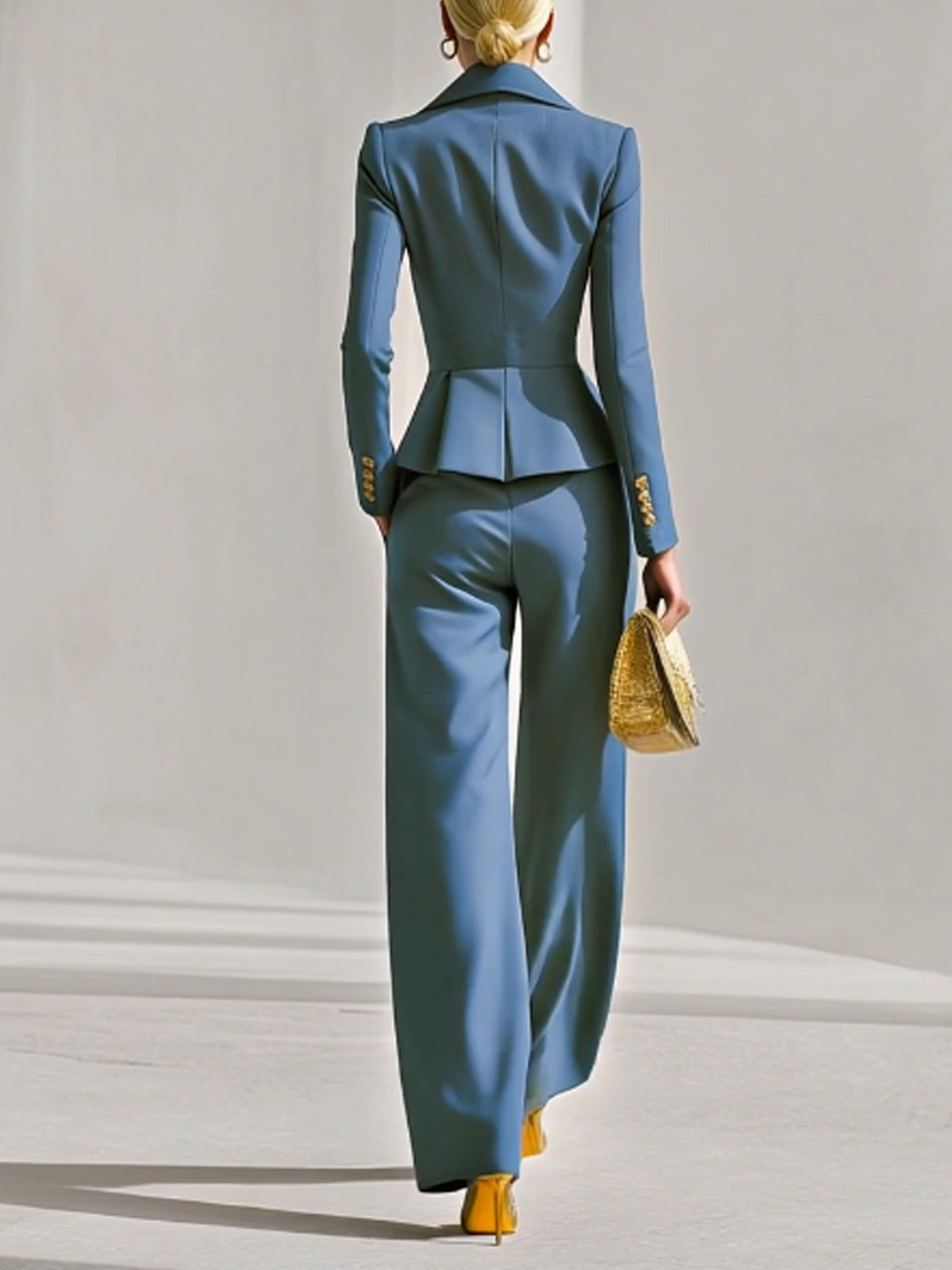 Maeyira Blue Two Piece Suit - Peplum Blazer and Wide Leg Pants Set 