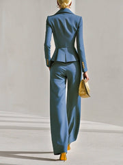 Maeyira Blue Two Piece Suit - Peplum Blazer and Wide Leg Pants Set 