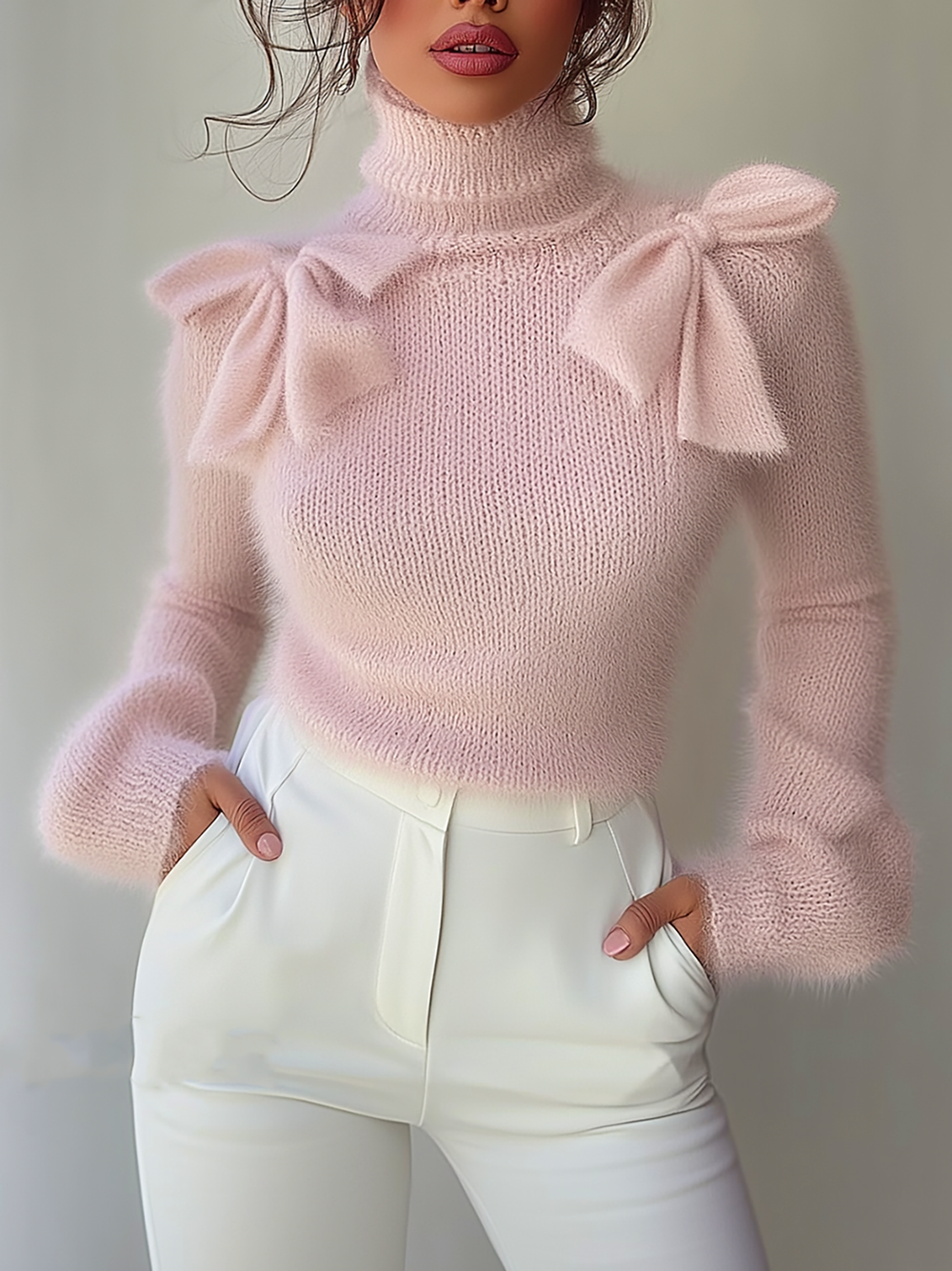 Maeyira Chic Pink Turtleneck Sweater with Elegant Shoulder Bow Detail 