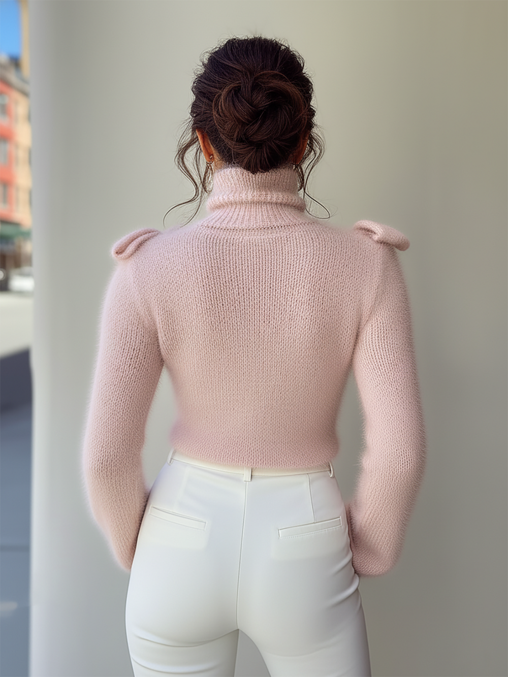 Maeyira Chic Pink Turtleneck Sweater with Elegant Shoulder Bow Detail 