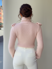 Maeyira Chic Pink Turtleneck Sweater with Elegant Shoulder Bow Detail 