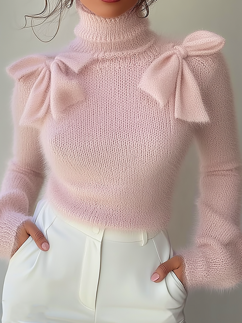 Maeyira Chic Pink Turtleneck Sweater with Elegant Shoulder Bow Detail 