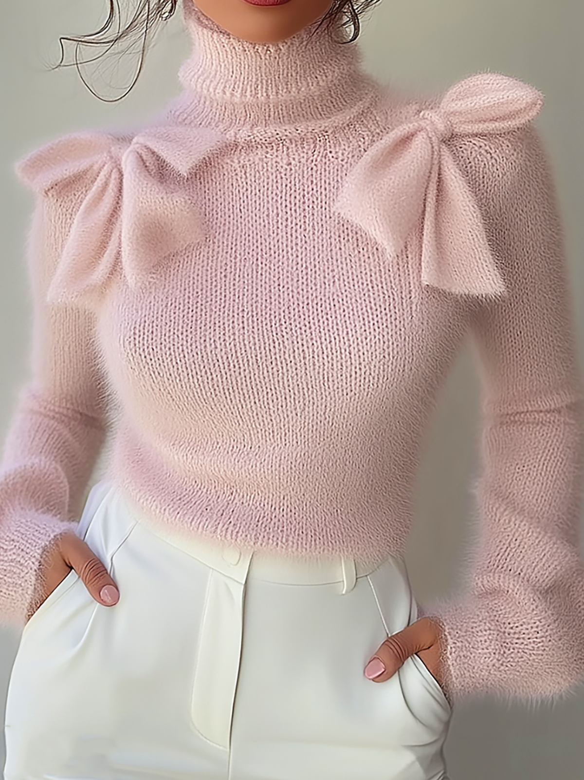 Maeyira Chic Pink Turtleneck Sweater with Elegant Shoulder Bow Detail 