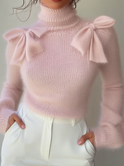 Maeyira Chic Pink Turtleneck Sweater with Elegant Shoulder Bow Detail 