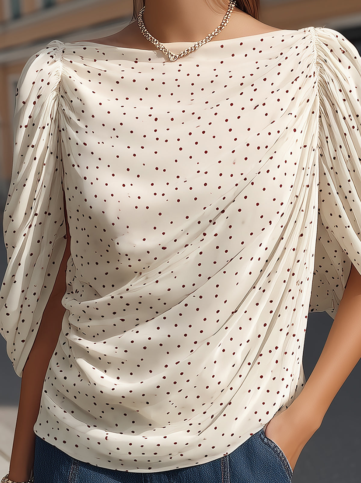 Maeyira Cream Polka Dot Blouse with Flowy Dolman Sleeves 