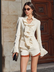 Maeyira Cream Ruffle Trim Blouse - Elegant Long Sleeve Design 