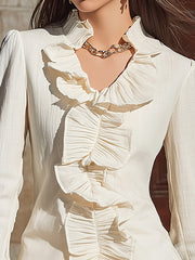 Maeyira Cream Ruffle Trim Blouse - Elegant Long Sleeve Design 