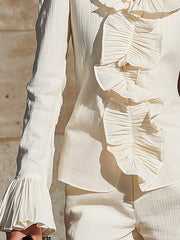 Maeyira Cream Ruffle Trim Blouse - Elegant Long Sleeve Design 