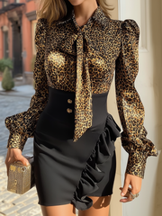 Maeyira Leopard Print Bow Blouse Black Ruffle Skirt Two Piece 